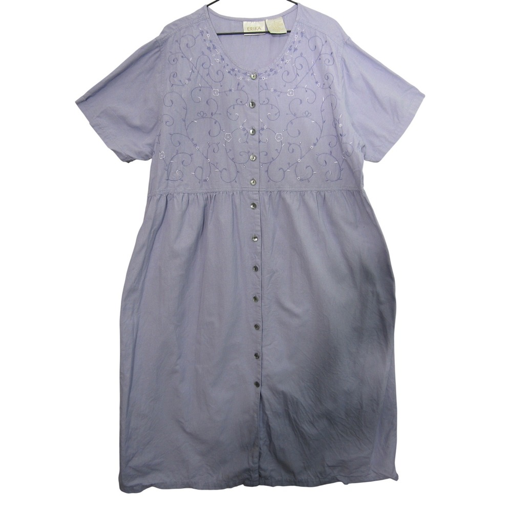 Erika‎ Collection Button Front Dress Womens Purple Embroidered Linen Blend